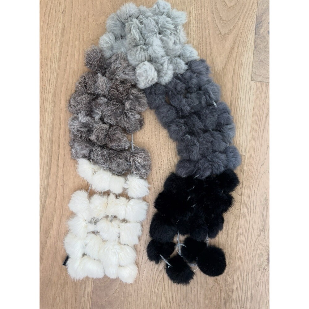 Women's Valerie Stevens Gray White Rabbit Fur Pom Pom Scarf Wrap Made in Italy